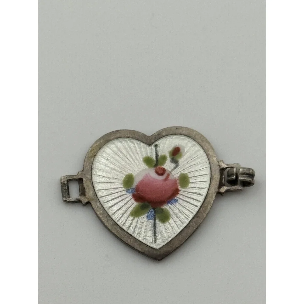 Vintage Sterling Silver‎ Enamel Rose Flower Heart Link Piece For Parts Repair